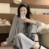 Conjunto de Pijama Simple Azul con Adorno de Encaje para Mujer Otoño/Invierno Nuevo Cómodo Versátil Casual Ropa de Casa