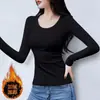 Camiseta de Manga Larga para Mujer de Color Sólido 2022 Elegante Negra y Blanca Otoño Cuello Redondo Camisa Base de Color Sólido Corte Ajustado Ropa Interior de Otoño e Invierno