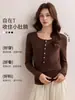 Top de Lyocell Tencel con hombros normales, cuello redondo, color liso, camiseta de manga larga para mujer, 2026 otoño estilo coreano, camisa base de lana abotonada