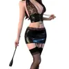 Lencería Sexy Ropa de Dormir de Comercio Exterior Europeo y Americano Tallas Grandes Traje de Cuero Patentado Uniforme de Juego de Roles Sexy Falda Corta Ajustada al Cuerpo 9988