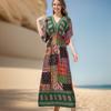 Vestido de Playa de Algodón Seda de Manga Corta con Cuello en V Estilo Étnico Transfronterizo Vestido de Viaje a Tailandia Vestido Floral Estampado de Verano para Vacaciones