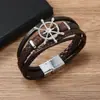 Pulsera de Cuero para Hombre de Estilo Nuevo Retro Transfronterizo Europeo y Americano, Venta al por Mayor, Aleación de Zinc, Timón de Barco, Multicapa, Tejida a Mano