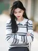Camiseta de Manga Larga con Cuello Polo Color Block de Rayas de Algodón, Top Versátil Casual Americano para Mujer, Estilo Delgado de Primavera y Otoño, Estilo Perezoso