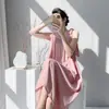 Novo Pijama de Algodão e Seda da Muzhen Silk para Mulheres, Estilo Fino de Verão, Seda Artificial de Algodão, Cor Sólida, Toque de Luxo, Vestido Longo Acima do Joelho, Roupa de Casa