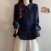 Moda Feminina Outono 2026 Tamanho Plus Elegante Cinto na Cintura Emagrecedor Patchwork Listrado Falsa Peça Dupla Camisa Top Fino