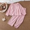 Conjunto de Roupa Novo para Meninas Primavera e Outono, Estilo Coreano Simples com Laço, Blusa de Manga Longa e Calça Longa Conjunto de Duas Peças, Roupas Infantis Transfronteiriças