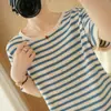 Camiseta de verano nueva de algodón puro a rayas de manga corta para mujer, corte holgado, cuello redondo, dobladillo enrollado, top versátil de punto de manga corta