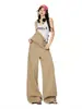Yechuan # Peto Recto Color Caqui para Mujer, Mono de Mezclilla Versátil Holgado de Cintura Alta Estilo Retro Americano con Pantalones de Pierna Ancha.