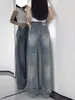 Jeans wide leg retro americano para mulheres, novo estilo de verão, cintura alta, corte solto, plus size, com design de perna reta fluido e corte até o chão