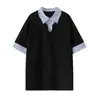 Camisa Polo Listrada Falsa de Duas Peças com Gola Curta e Manga Curta para Homens, Tendência de Verão Estilo Americano Solta de Peso Pesado com Meia Manga