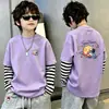 Camiseta de algodón 100% pura para niño, nueva de 2026, ropa infantil, imitación de dos piezas, manga larga, rayas, retazos, para primavera y otoño