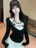 Algodão Estilo Americano Estampa de Garota Popular Falso Duas Peças Manga Longa 7082 Camiseta Falso Duas Peças Estilo Americano