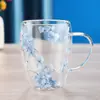 Caneca de Vidro Transparente com Flores Azuis Preservadas _ Xícara de Chá de Cerâmica de Parede Dupla _ Capacidade de 350ml