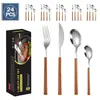 Juego de Cubiertos de Acero Inoxidable 430 Nuevo Transfronterizo, 24 Piezas Hotel Imitación Madera Steak Knife, Tenedor, Cuchara de Postre, Vajilla Occidental