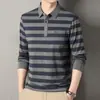 Camiseta de Manga Larga para Hombre Primavera y Otoño Nueva Casual Cuello de Solapa Hombres de Mediana Edad Raya Ancha Manga Larga Camisa Base Polo Hombre
