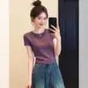 Top de punto morado de manga corta para mujer, nuevo estilo de verano 2026, talla grande, adelgazante, de alta gama, diseño único, hermoso y no repetitivo