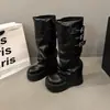 Botas de caballero con hebilla de cinturón, botas largas con piernas plisadas apiladas, adelgazantes y versátiles, botas de plataforma gruesas hasta la rodilla, suela gruesa negra, sin ser por encima de la rodilla