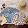 Conjunto de Camisa de Algodón y Lino de Manga Corta para Niños Conjunto de Dos Piezas con Shorts Rayados Ropa Casual de Verano para Bebé