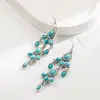 Brincos Longos com Pingente He Ming Jewelry Novo Estilo com Incrustação de Turquesa, Brincos de Estilo Étnico, Brincos Artísticos Vintage com Franjas para Mulheres