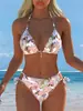 2026 Novo Biquíni Estampado de Duas Peças Estilo Europeu e Americano Maiô Triângulo com Gola Halter Feminino Conjunto de Roupa de Banho Sexy para Férias na Praia
