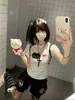 Camiseta Regular de Manga Curta com Estampa Completa de Bolinhas e Letras em Estilo Americano para Mulheres, Top Slim Fit de Verão