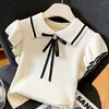 Camiseta Nova de Verão para Meninas, Estilo College, Gola Polo, Manga Curta com Babados, Top Estiloso para Crianças Maiores