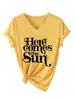 Here Comes the Sun Tienda Independiente de Amazon Wish Camiseta Cómoda y Versátil de Manga Corta con Cuello en V para Mujer para Comercio Exterior