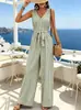 Mono de Raya Europeo y Americano Transfronterizo para Mujer, Verano sin Mangas Cuello en V Abotonado con Lazo Pierna Ancha Cintura Alta Pantalón Largo, Estilo Vacacional