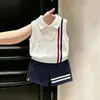 Ropa infantil coreana 2026 verano nuevo estilo chaleco de punto fino con cuello polo blanco conjunto de shorts azul marino para niños