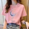 Camiseta de Manga Corta Suelta de Peso Pesado Transfronteriza de Algodón para Mujer Verano Nuevos Tops Talla Grande Estampada de Media Manga para Mujer Cuello Redondo Verano