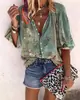# Amazon Comercio Exterior de Moda Verano Ropa Europea y Americana para Mujer Cuello Alto Holgada Botones Estampado Retro Camisa Casual