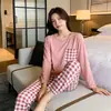 Pijama Cuadros Clásico Blanco y Negro para Mujer, Primavera y Otoño, Cuello Redondo, Se Puede Usar Afuera, Imitación de Algodón, Transpirable, Delgado, Ropa de Casa, Conjunto de Manga Larga