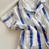 Nuevo Conjunto de Ropa de Verano para Niños, Nueva Camisa Casual de Manga Corta Fina para Niños, Conjunto de Dos Piezas con Rayas de Bloques de Color para Niñas