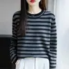 Colección de otoño temprano 2025 transfronteriza: Suéter de punto de algodón puro, corte relajado, cuello redondo, mangas largas, rayas de bloques de color y un diseño holgado y cómodo para usar en capas