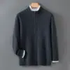 Cardigã bloqueado por cores, grosso, 100% lã pura para homens, com gola semi-alta, zíper, design em tricô e mangas compridas, perfeito para outono e inverno
