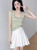 Chaleco de Punto Rayado de Seda Helada Estilo Tailandés Pequeño de Tirantes Dulce y Picante Ropa Interior de Verano Ropa Exterior Ajustada Top para Vacaciones en la Playa