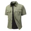Camisa Masculina de Verão Cor Sólida Solta com Múltiplos Bolsos de Manga Curta