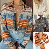 Camisa feminina amazon estampa de onda trespassado camisa de manga comprida listrada estampa lapela cardigã SU2514