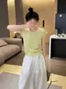 Camiseta azul elegante para mujer de color caramelo, nuevo modelo de verano, cintura simple con cordón, top de punto adelgazante de manga corta con pequeñas mangas acampanadas