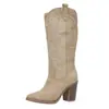 Botas de Cavaleiro Femininas 2025 Outono Novo Estilo Bico Fino Salto Médio Cano Alto Bordadas Vintage Camurça Botas Western Cowboy
