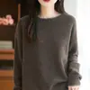 2025 Novo Outono e Inverno Tricô de Gola Redonda 100% Lã Manga Longa Feminino Combinação de Cores Design Solto Top de Tricô de Lã