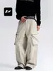 Com Calças Cargo Wide Leg Multibolsos Ricas Estilo Retro Americano para Homens e Mulheres, Calças Casuais Versáteis Dobradas Soltas Emagrecedoras