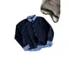 Camisa de Manga Larga con Empalme a Cuadros Azul Marino Falsa de Dos Piezas Estilo Miu Preppy Chaqueta Camisa para Hombre Talla M