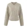 Suéter caqui estilo coreano, gola V, justo, de manga comprida para mulheres, perfeito para o outono, top de tricô curto para baixinhas