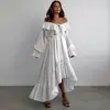 2025 nuevo vestido de gasa con cordón, cuello en V, manga acampanada, diseño asimétrico, blanco, casual, falda larga de línea A