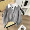 Suéter de Punto Trenzado con Cuello de Camisa Estilo Coreano Falso Dos Piezas para Mujer, Suéter Interior de Punto Holgado y Relajado, Top de Mujer de Moda para Otoño e Invierno
