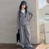 Conjunto Outono Estilo Coreano para Meninas 2026 Novo Modelo Moletom com Capuz e Zíper Cardigã Calça de Pernas Largas Conjunto de Duas Peças Calça Reta