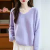 Suéter pullover sin costuras de cuello en V con rayas horizontales integradas, estilo casual, jacquard, lana pura, tejido para mujer 10
