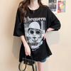 Camiseta de Manga Corta de Algodón Holgada con Estampado Vintage Estilo Hong Kong para Mujer Popular Este Año con Puntadas de Encaje Top de Longitud Media Tendencia