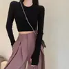 Top Corto de Punto de Manga Larga para Mujer, Primavera, Ajustado, Interior, Suéter Base